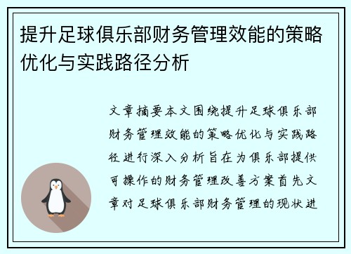 提升足球俱乐部财务管理效能的策略优化与实践路径分析