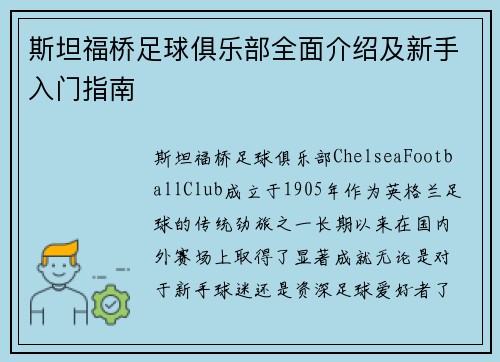 斯坦福桥足球俱乐部全面介绍及新手入门指南