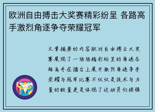 欧洲自由搏击大奖赛精彩纷呈 各路高手激烈角逐争夺荣耀冠军