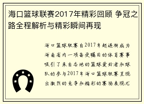 海口篮球联赛2017年精彩回顾 争冠之路全程解析与精彩瞬间再现