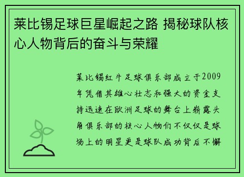 莱比锡足球巨星崛起之路 揭秘球队核心人物背后的奋斗与荣耀